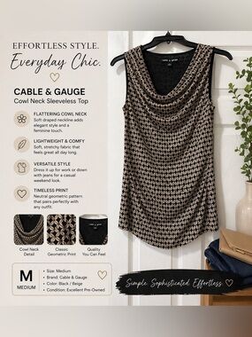 Cable & Gauge Cowl Neck Sleeveless Top Size Medium Black Beige Print